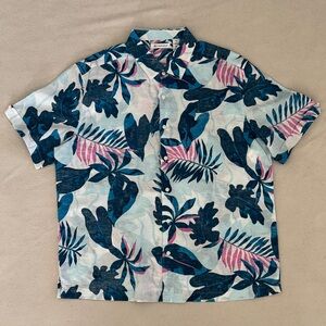Cubavera Oversized Leaves Graphic Print Shirt in Blue and Pink Men's Size XL